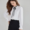25 Autumn New style patchwork lace edge bow drape slimming puffed-sleeve chiffon shirt for women 22336 Application Scenario